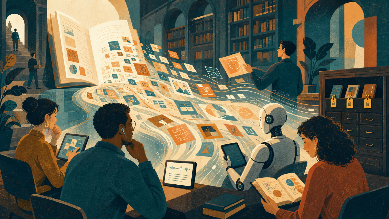 Editoriale Illustration eines offenen Wissensstroms, aus dem Menschen und ein Roboter gemeinsam lernen