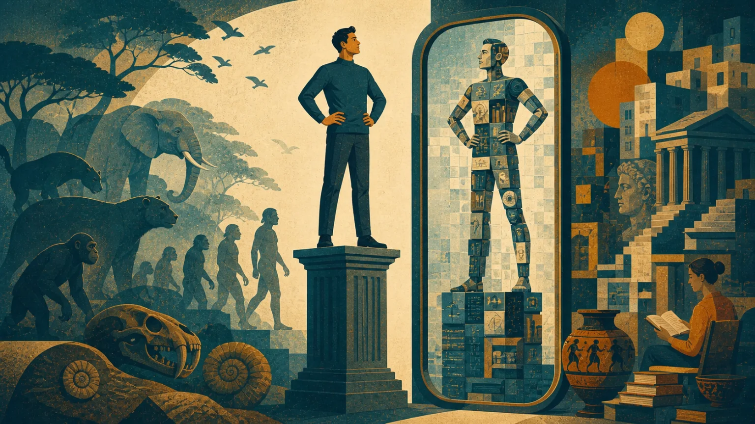 Editoriale Illustration eines Menschen auf einem Sockel, der in einem Spiegel seinem maschinellen Ebenbild begegnet