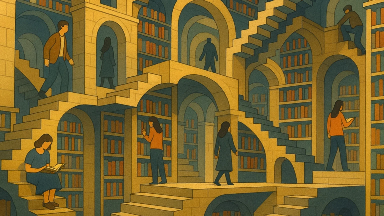 Illustration einer Bibliothek als Architektur des Wissens