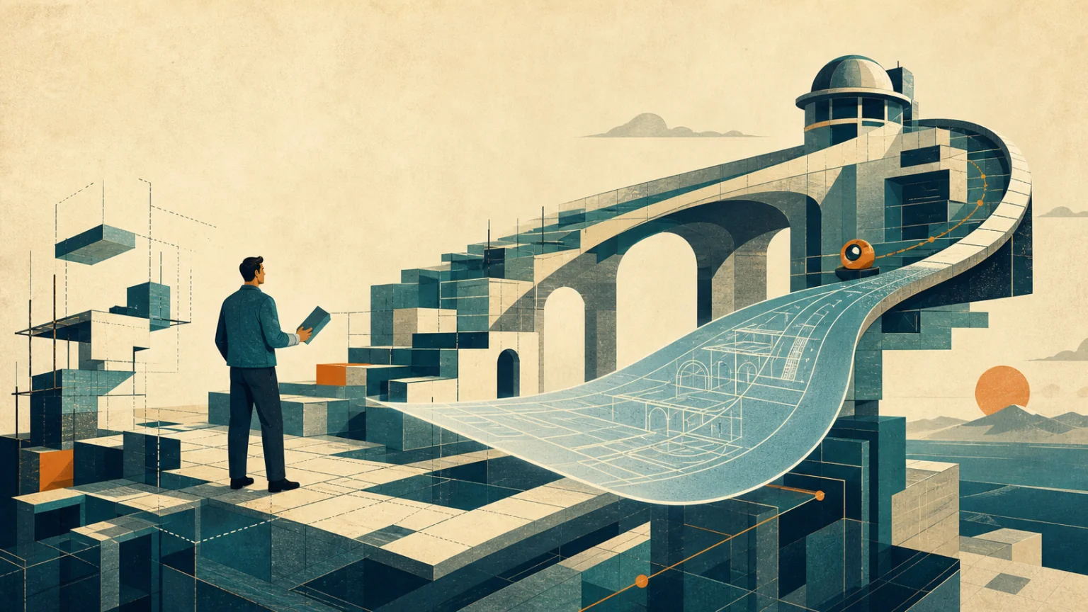 Editoriale Illustration eines Entwicklers, der eine vielschichtige Softwarearchitektur baut und von ihr einen Bauplan zurückerhält