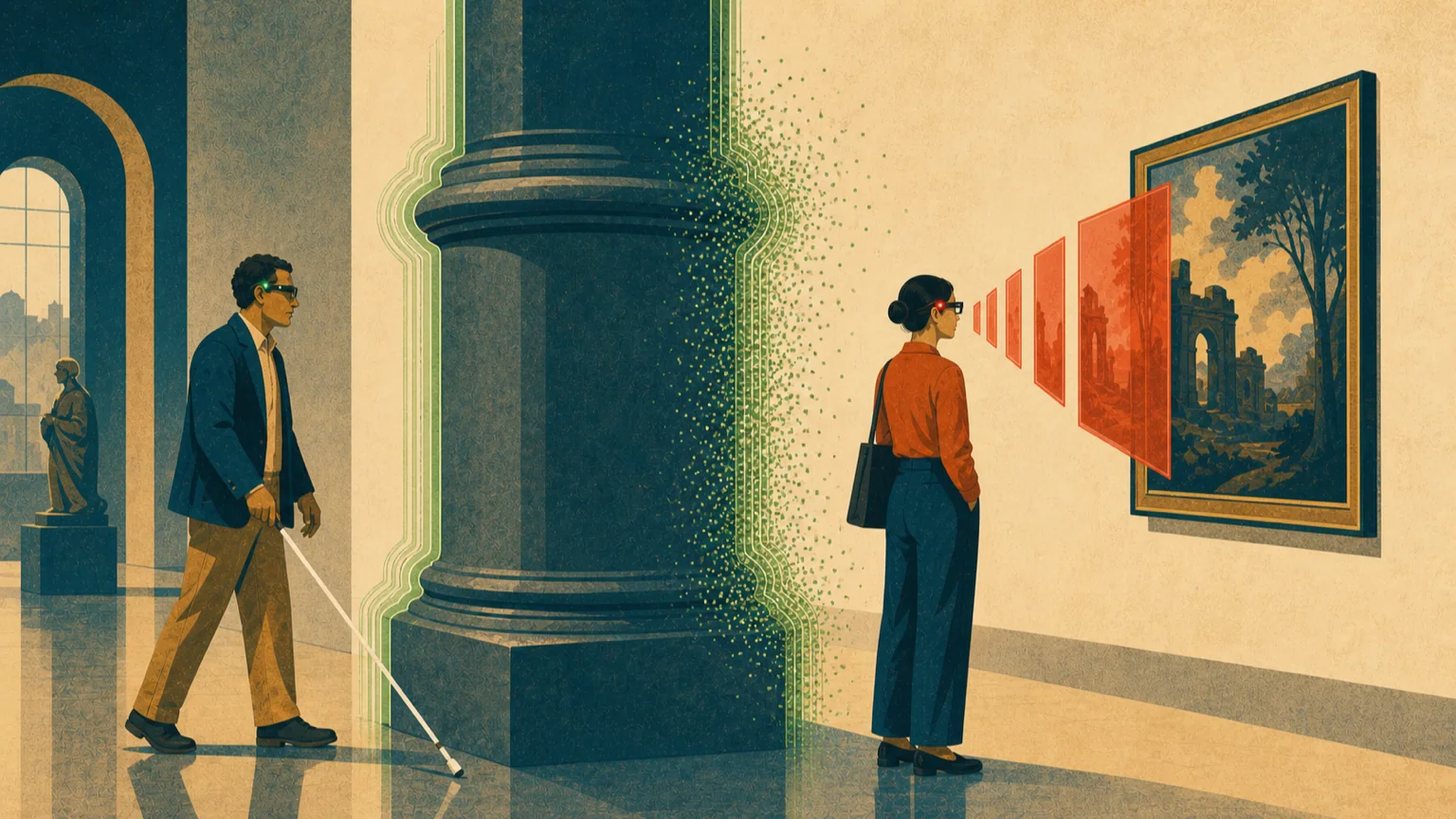 Editoriale Illustration eines blinden Menschen mit grüner Assistenzanzeige und einer Kunstbetrachterin mit roter Aufnahmeanzeige