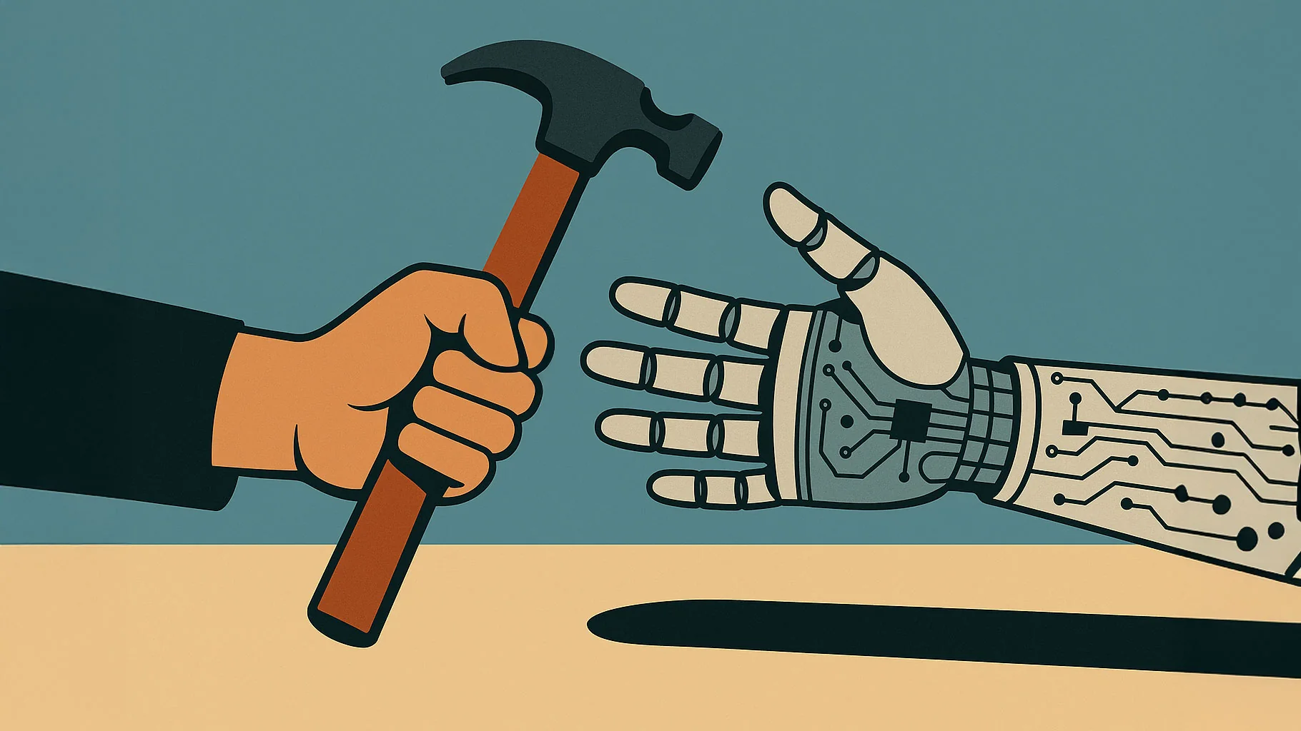 Illustration einer Roboterhand und eines Hammers als Symbol für KI-Handwerk