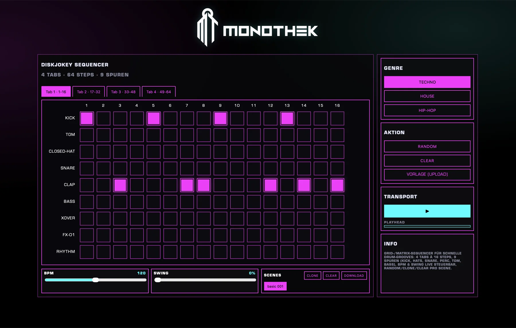 Monothek Web-Sequencer mit Neon-Raster