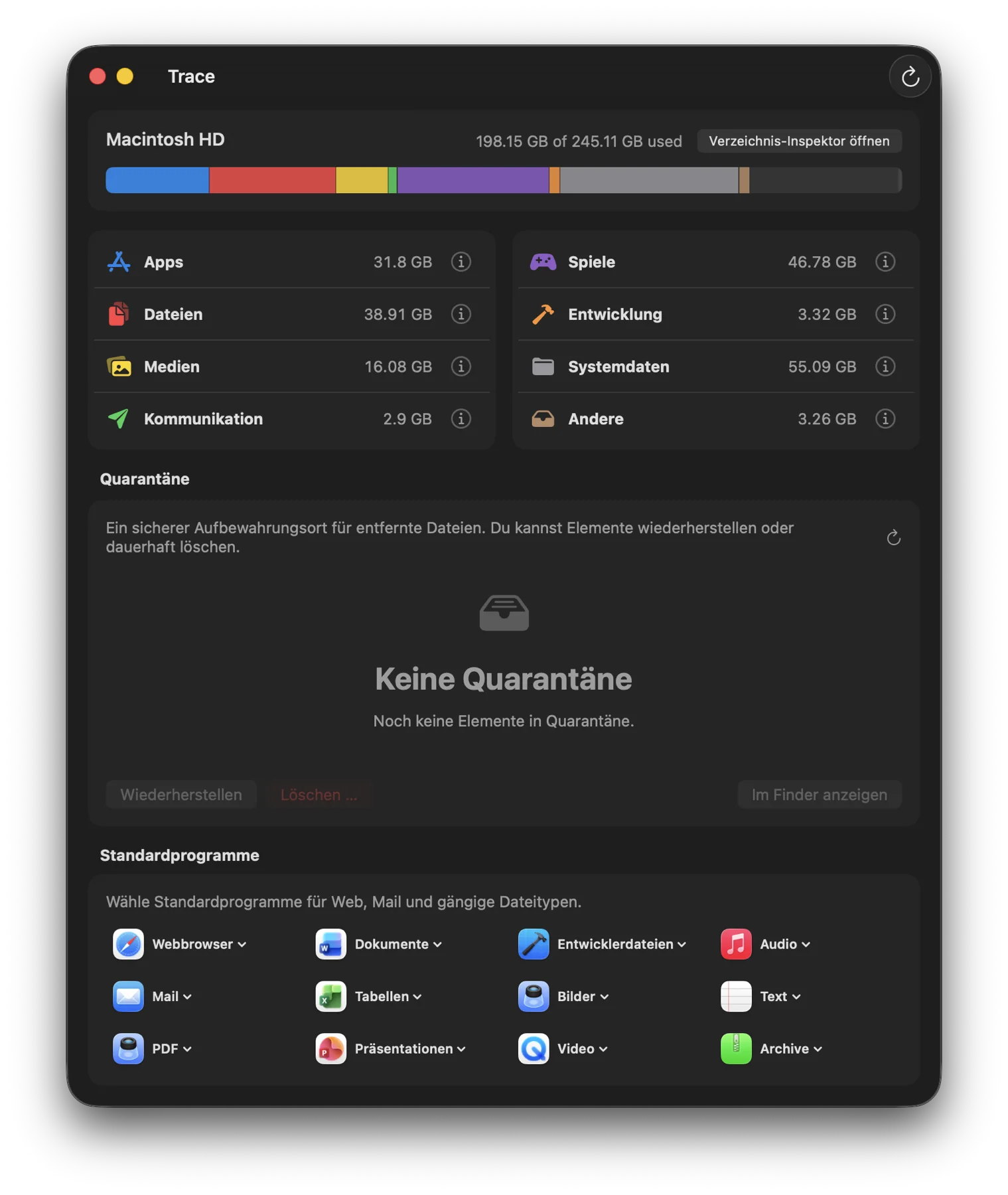 Trace Dashboard mit Speicherübersicht und Kategorien